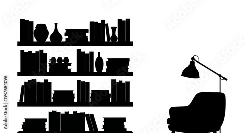 Silhouette of Bookshelf Armchair and Floor Lamp for Reading Nook