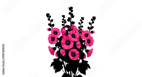 Pink Hollyhock Flower Illustration with Black Foliage Silhouette