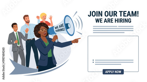 Businesswoman Holding Megaphone Recruiting Team.