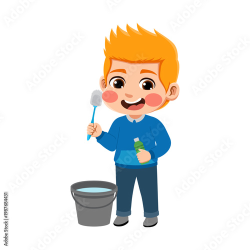  blonde hair european american boy wearing an blue outfit is cleaning the toilet blonde hair european american boy wearing an blue outfit is cleaning the toilet