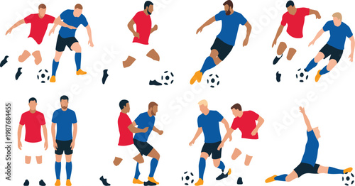 Soccer players in action during football match, red and blue teams competing for ball, dynamic flat vector illustration