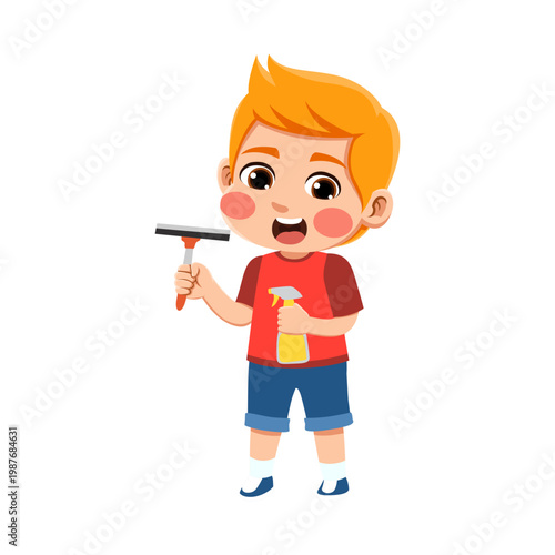  blonde hair european american boy wearing an red and blue outfit bring glass cleaner blonde hair european american boy wearing an red and blue outfit bring glass cleaner