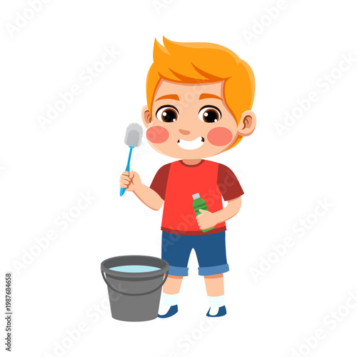  blonde hair european american boy wearing an red and blue outfit is cleaning the toilet blonde hair european american boy wearing an red and blue outfit is cleaning the toilet