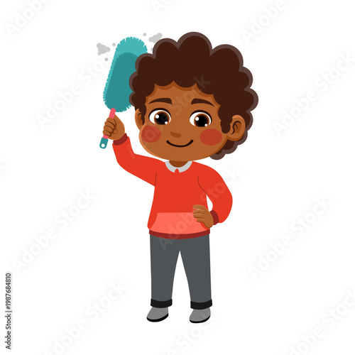  brown hair african american boy wearing an red and grey outfit  cleaning dust with a feather duster