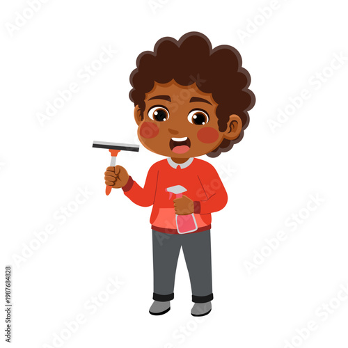  brown hair african american boy wearing an red and grey outfit bring glass cleaner