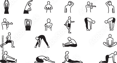 Minimalist Human Stretching Exercise Line Icons Set.