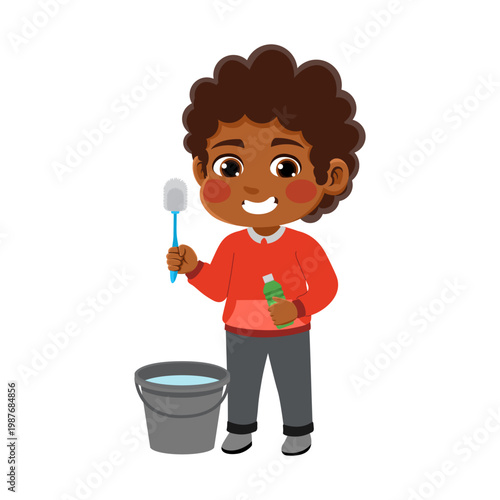  brown hair african american boy wearing an red and grey outfit is cleaning the toilet