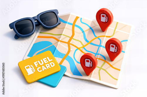 Colorful map with fuel card and sunglasses, symbolizing travel and road trips.