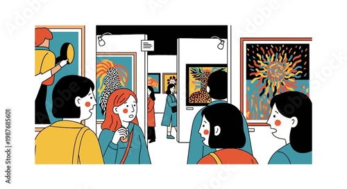 People Visiting Modern Art Gallery Exhibition Illustration