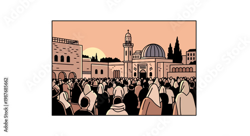 Muslim people gathered at mosque for prayer at sunset illustration