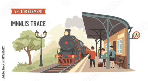 Vintage Steam Locomotive Arriving at Railway Station Vector