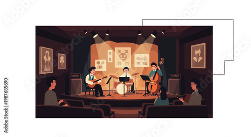 Jazz band trio performing live on stage at a music club illustration