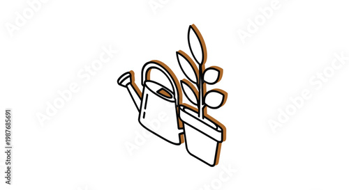 Isometric Watering Can and Potted Plant Vector Illustration