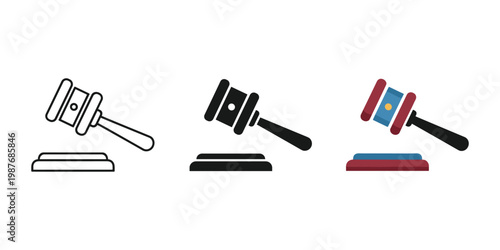 Three gavel icons in different colors vector illustration
