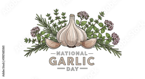 A hand-drawn vector illustration celebrates National Garlic Day with a garlic bulb and cloves arranged among rosemary, thyme, and oregano sprigs, set against a clean white background