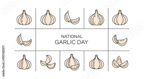 Overhead vector illustration celebrates National Garlic Day with garlic bulbs and cloves arranged in a grid pattern against a clean white background, creating a simple, minimalist design