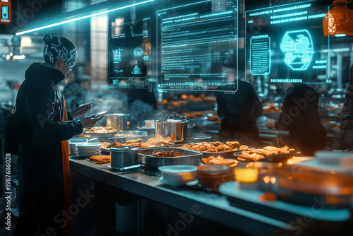 Futuristic kitchen management system using augmented reality illuminated displays for an innovative cooking experience.