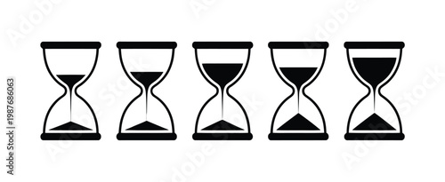 Hourglass icon set, simple flat vector symbols of sand watch and sand glass timers representing time, countdown, waiting, and deadline concepts for UI, apps, and productivity design
