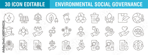 Collection of ESG icons. Environment, social, governance, ecology. Vector template editable stroke EPS 10.