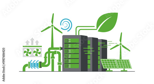 Illustration of a green data center powered by renewable energy sources like wind turbines and solar panels, emphasizing sustainability and eco-friendly technology.