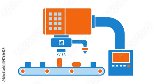 Automated industrial production line with conveyor belt and robotic machinery for manufacturing process.