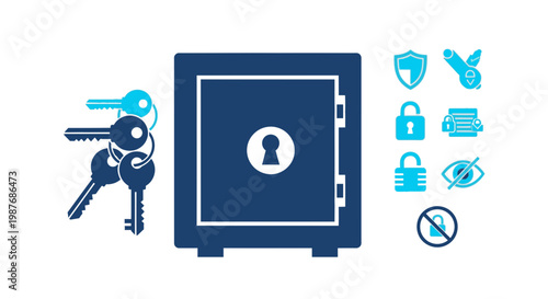 Blue safe with a keyhole, a bunch of keys, and various security icons representing protection, privacy, and access control.