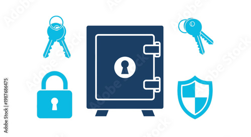 A collection of blue and white icons representing security, including a safe, keys, a padlock, and a shield, symbolizing protection and data safety.