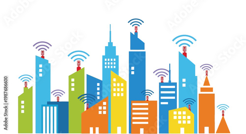 A vibrant, colorful cityscape illustration featuring numerous buildings with red antennas emitting wireless signals, symbolizing modern urban connectivity and smart city technology.