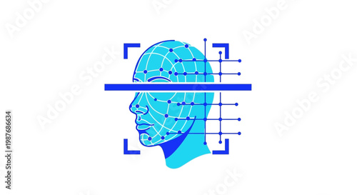 Digital illustration of a human head being scanned for facial recognition, showing biometric data points and a scanning interface.