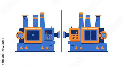 Two identical blue and orange industrial machines facing each other, depicted in a flat vector illustration style on a white background.