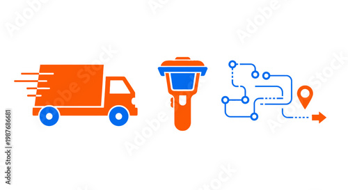 Logistics and delivery concept with fast truck, barcode scanner, and route tracking icons.