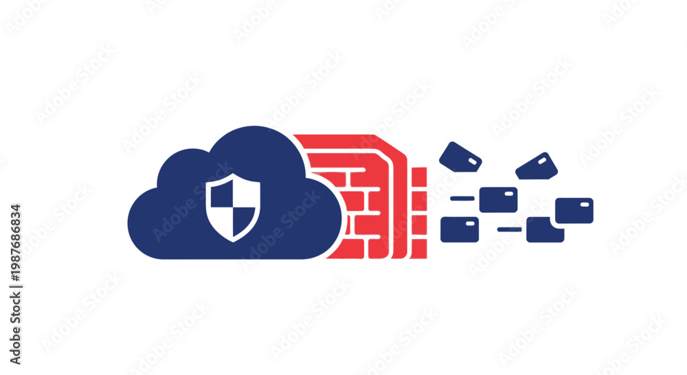 Fototapeta premium Cloud security concept with a shield icon, a red firewall, and data packets illustrating network protection and data flow.