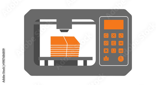 A flat design illustration of a 3D printer actively building an orange layered object, featuring a control panel with buttons and a screen.
