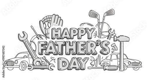 Happy Father's Day Greeting Vector Illustration with Tools and Sports