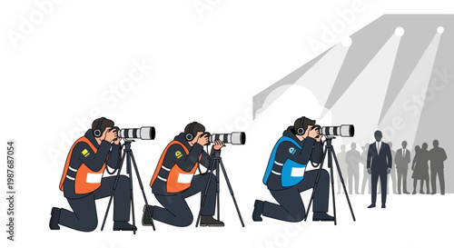 Professional photographers at media press conference vector illustration