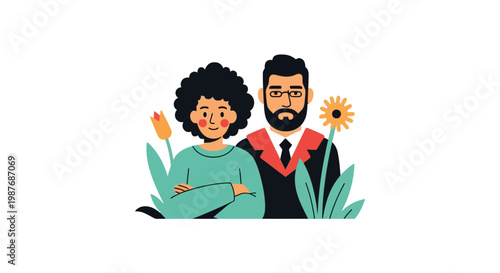 University Graduation Illustration of Couple with Flowers