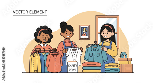 Women Organizing Clothes for Charity Drive Vector Illustration