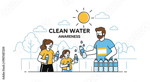 Family Participating in Clean Water Awareness Campaign Vector