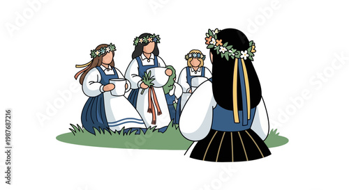 Swedish Midsummer Celebration with Women in Traditional Folk Dress