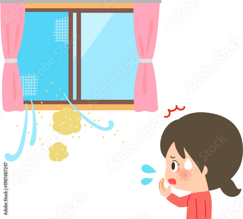 開けた窓から入ってくる黄砂と驚く女性