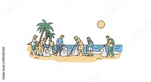 Group of Volunteers Cleaning Up Trash on Tropical Beach Illustration