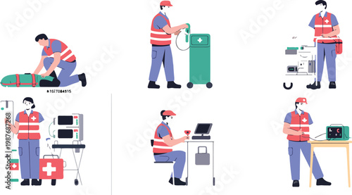 Paramedics and emergency medical technicians set using professional equipment, defibrillators and oxygen tanks, flat vector illustration collection