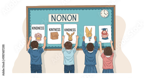 Children Putting Up Kindness Posters on School Bulletin Board Vector