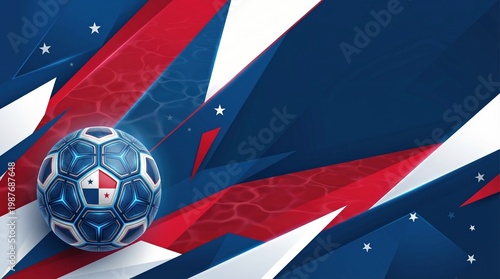 A vibrant soccer ball resting amid a dynamic abstract design featuring red, white, and blue hues. The design evokes a sense of movement, energy and patriotism, perfect for sports enthusiasts