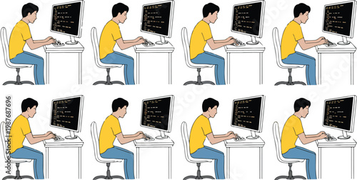 Set of eight illustrations of young male programmer coding at desktop computer, various poses and attitudes, flat vector collection