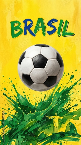 A soccer ball in front of the yellow splash with brasil word