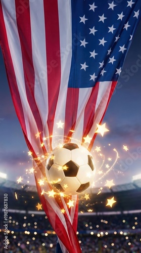 A soccer ball with a glowing effect, floating in front of the flag of united state