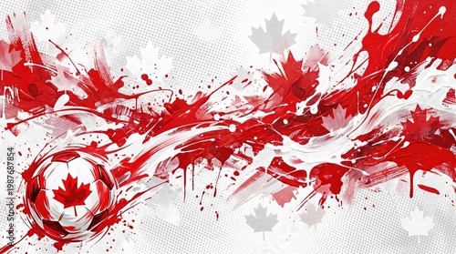Canadian soccer ball with maple leaf patterns on a colorful artistic background