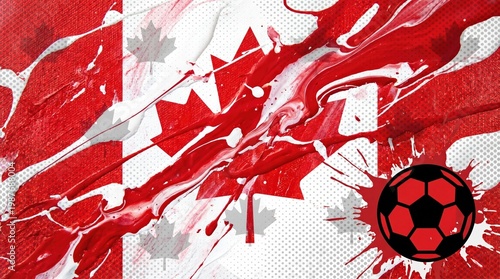 Canadian flag with a football featuring a dynamic art style, showcasing maple leaves and expressive paint strokes. The scene evokes patriotism and athletic spirit
