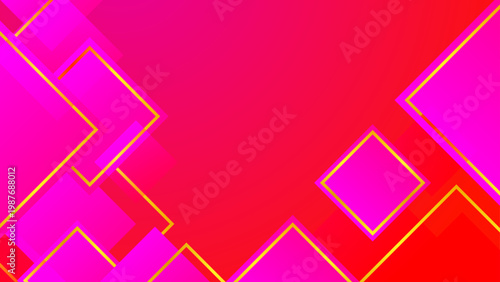 Bold magenta and red background featuring overlapping square shapes with yellow borders creating a high-contrast energetic visual effect